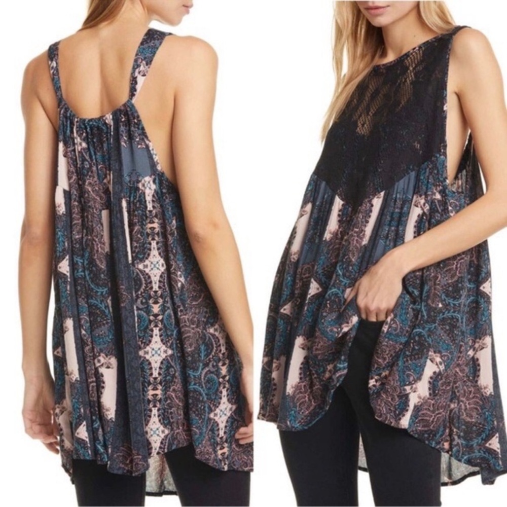 Intimately Free People Count Me In Trapeze Tunic XS Black Lace Paisley NWT